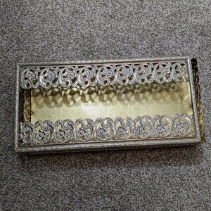 Vintage Gold w White Floral Paisley Filigree Vanity Tissue Holder